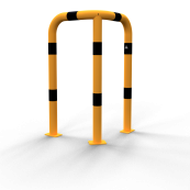 Anti-nudge hoop 90 | equal-sided | steel tube  76 mm | yellow / black | total width: 600 mm | height above ground: 1150 mm | to be fixed by plugs